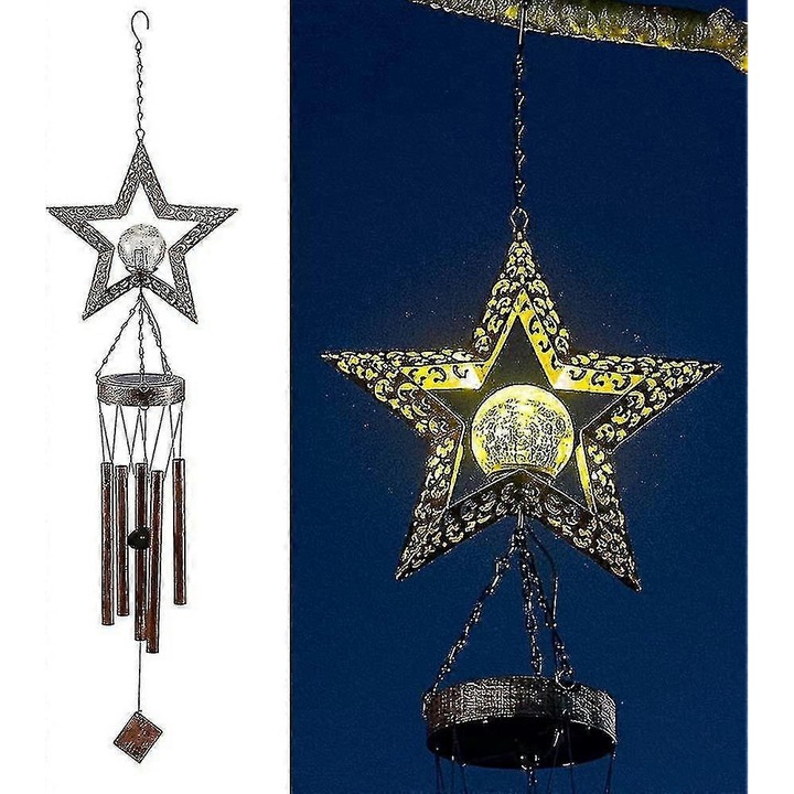 Carillon solar / clopotel de vant model stea, cu lumina LED alb cald, tuburi metalice muzicale, rezistent la apa, bronz, 1 buc