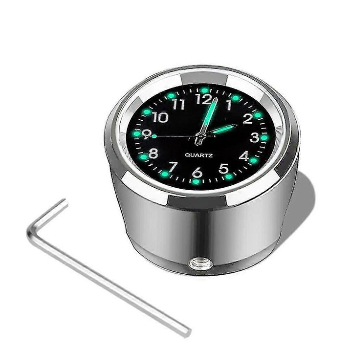 Ceas pentru ghidon motocicleta, aliaj de aluminiu, quartz, rezistent la apa, cu marcaje luminescente, kit montaj inclus (cheie, pad), negru/crom, 44x28mm (7/8'')