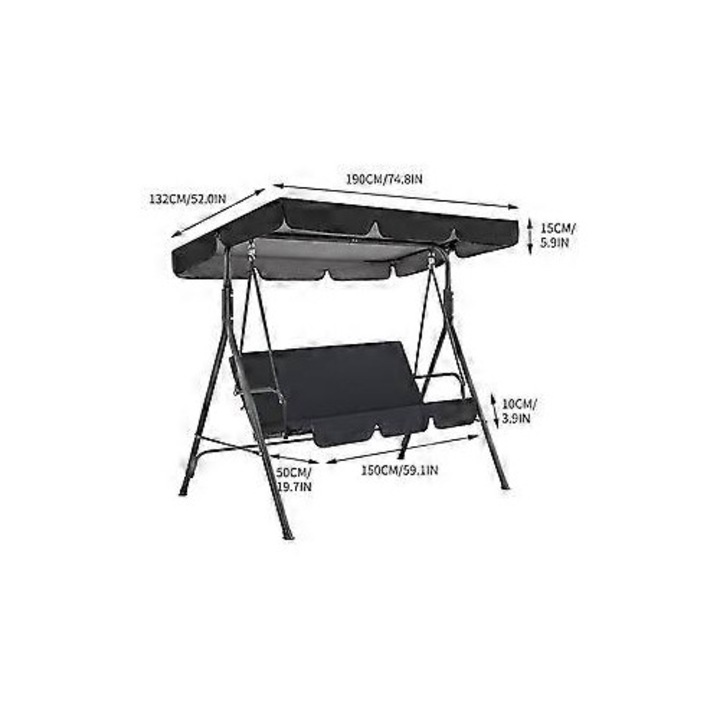 Husa baldachin (protector copertina) pentru leagan de gradina, 210D poliester taffeta, impermeabil, rezistent la vant si praf, pentru 3 locuri, Negru, 190x132x15 cm, 1 buc
