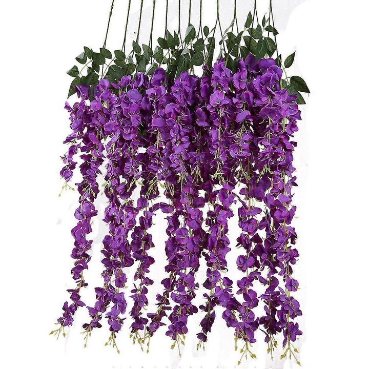 Glicina artificiala suspendata, decoratiune florala din matase sintetica si plastic, petale pline si moi, aspect natural, 105 cm, mov, 6 bucati