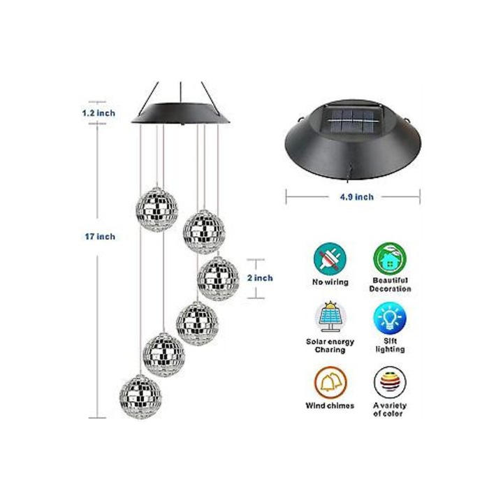 Вятърни камбанки с LED, соларно зареждане и автоматична смяна на цветовете, градинска декорация, автономност 6-10 часа, Многоцветни, 1 бр