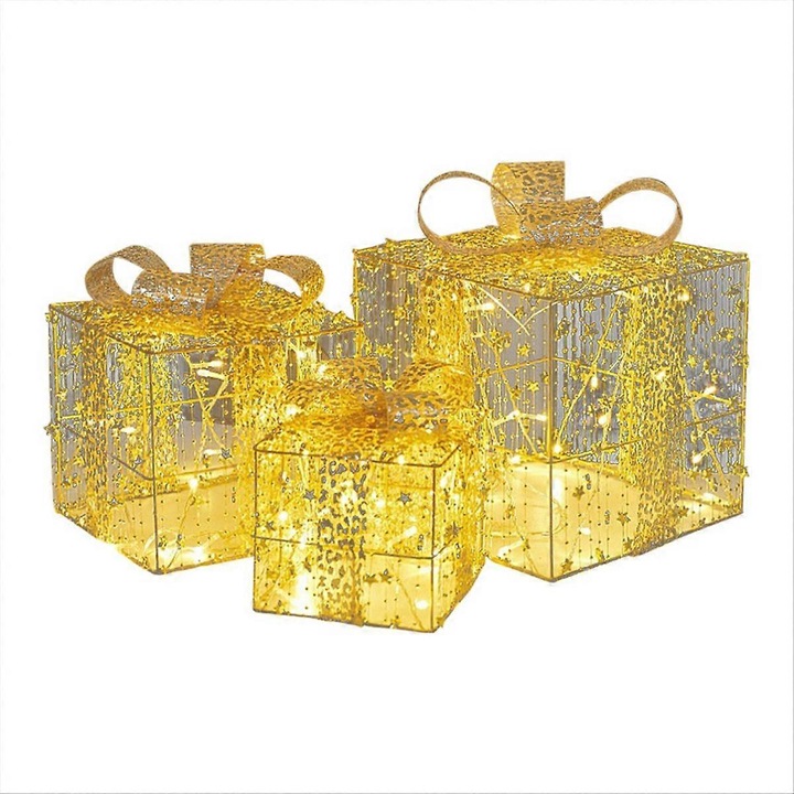 Set 3 cutii cadou luminoase Craciun, auriu, 3x decor interior exterior