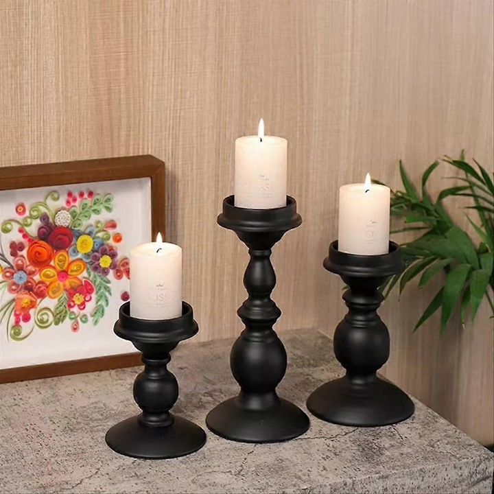 Set 3 bucati suporturi pentru lumanari, sfesnici, stil clasic nordic, din fier vopsit, pentru lumanari tip pillar, negru, 3 buc