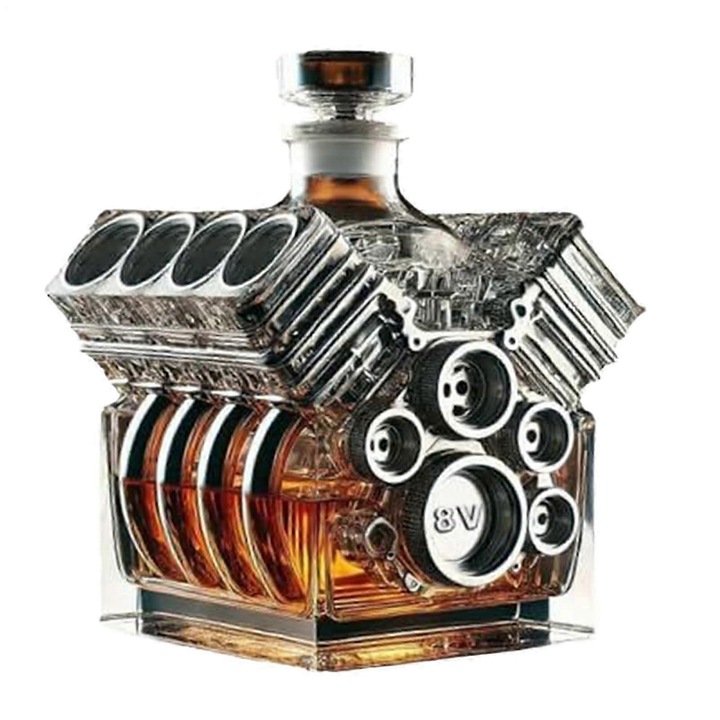 Decantor pentru whisky, carafa decorativa model V8 in forma de motor, din rasina, ornament pentru bar, transparent, 1 buc