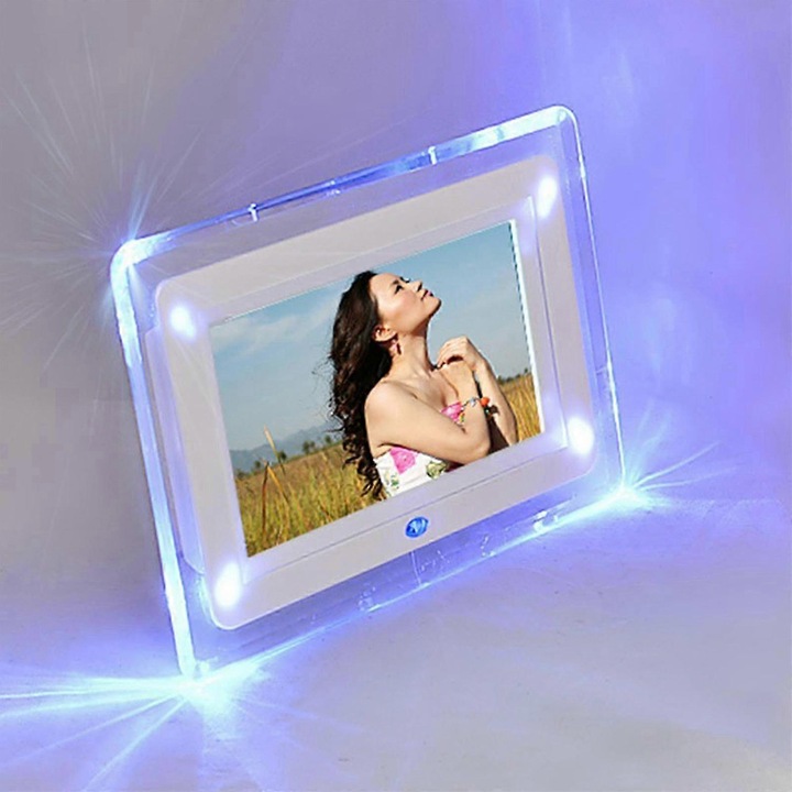 Rama foto digitala 7 inch, alb, 23.4x17cm, LED, acrilic, ceas, calendar, telecomanda
