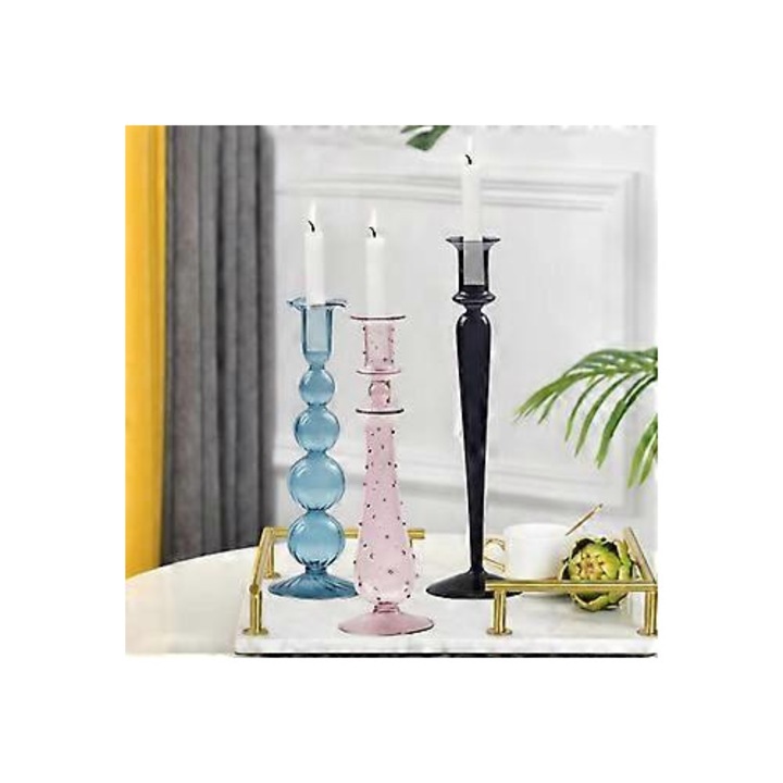 Suport pentru lumanare, sfesnic din sticla handmade, pentru lumanari tip taper (diametru 2-2.5 cm), rezistent la temperaturi -20°C pana la 150°C, maro transparent, 1 buc