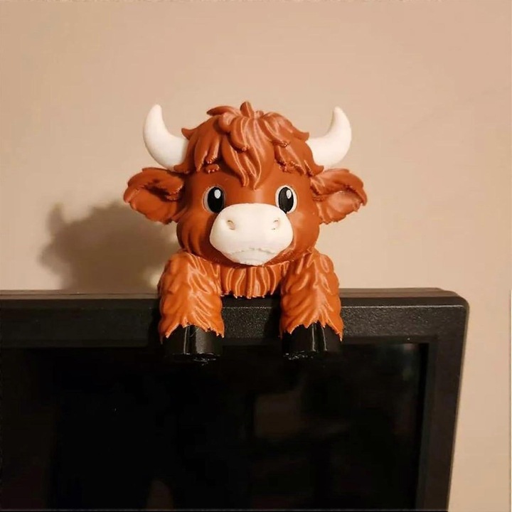 Dekoratív figura, Highland tehén, monitortartó, többszínű, 10x5x7cm