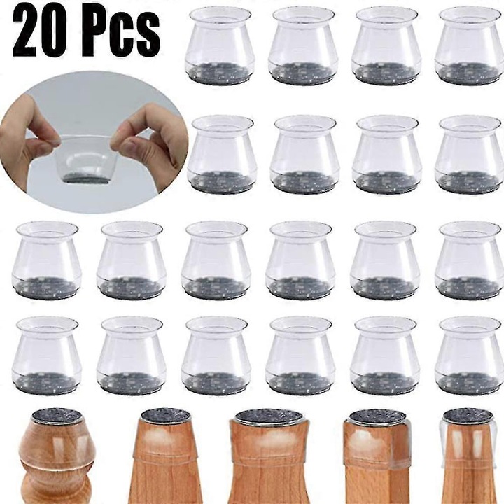 Set 20 protectii picioare scaun silicon, antiderapant, rotund, transparent
