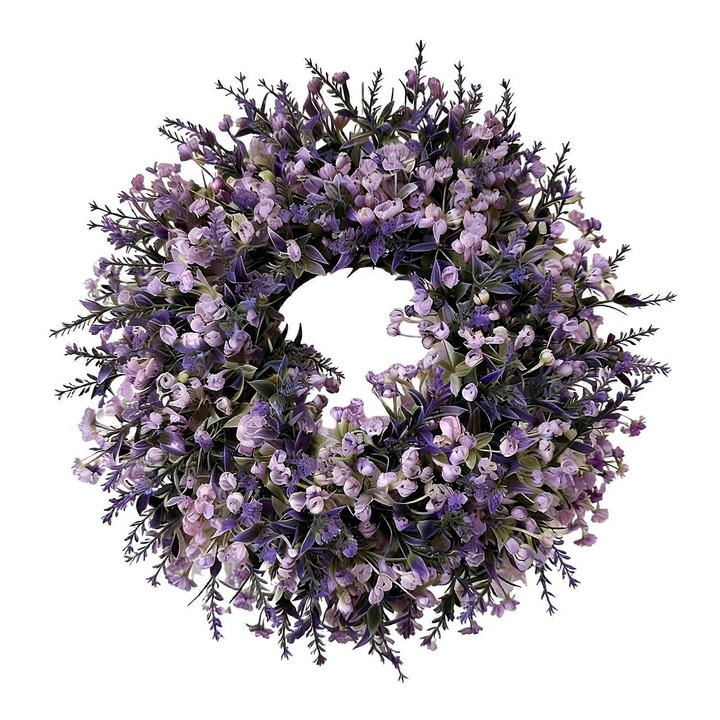 Corona de lavanda artificiala, plastic, rezistenta la UV, fara intretinere, aspect pastoral realist, ajustabila, nuante de mov, 35 cm, 1 buc