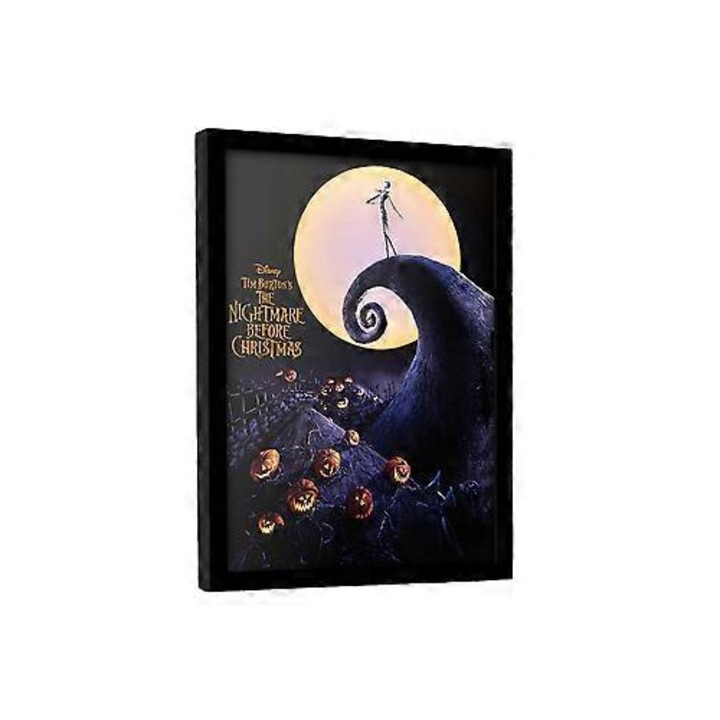 Poster inramat, tablou decorativ Nightmare Before Christmas, cu design jack skellington si luna, printat, licentiat oficial, negru/galben, 1 buc