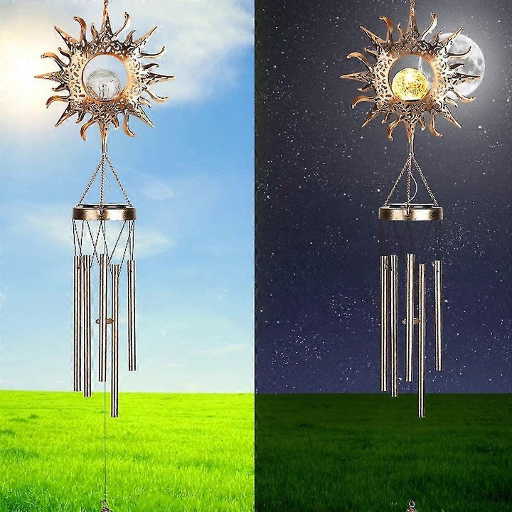 Соларен вятърен звънец с 5 метални тръби, бронз, с LED светлина, 30x10см