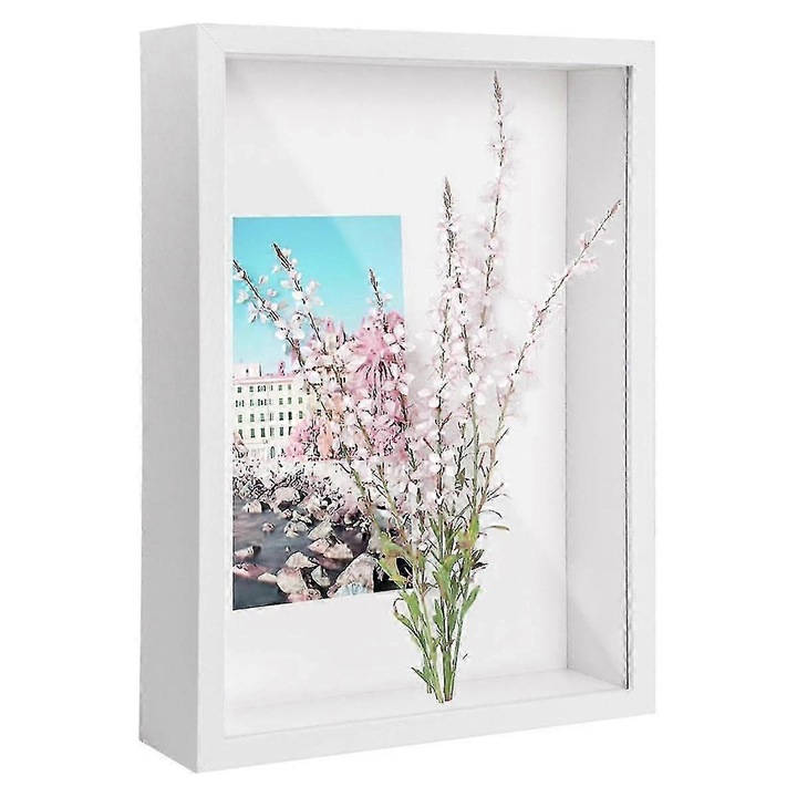 Rama vitrina 3D A4, cutie de expunere din lemn, cu fata acrilica transparenta, adancime interna 5 cm, pentru perete si birou, alb, 1 buc