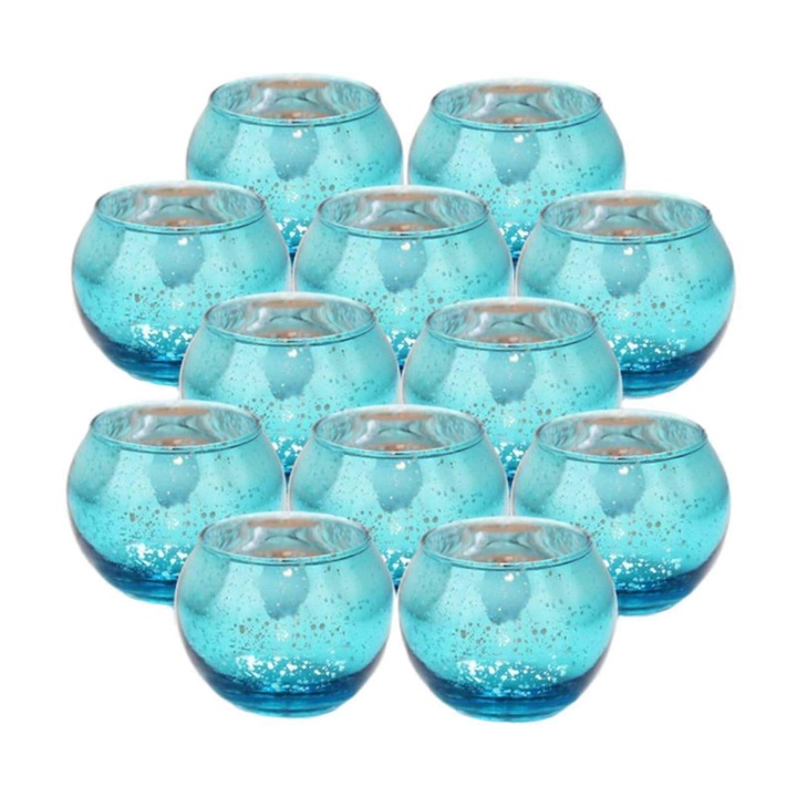 Set 12 bucati, suporturi pentru lumanari votive/tealight din sticla, efect auriu vintage, turcoaz, 6.7x5.5x5 cm