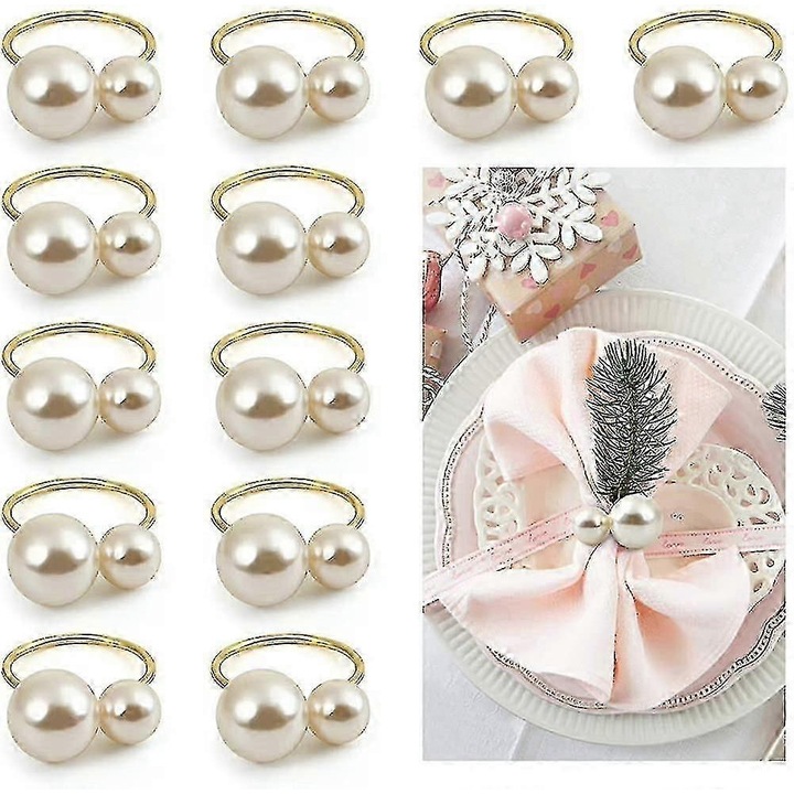 Set 12 bucati, inel pentru servetel, suport pentru servetel, perle artificiale lustruite, cadru metalic auriu, diametru interior aprox. 4 cm, auriu/perlat