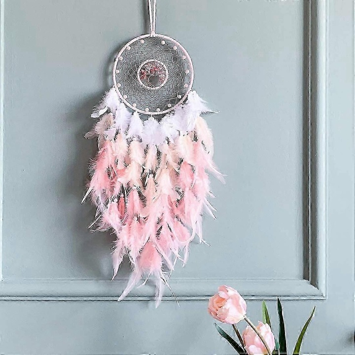 Fali dekoráció, Dream Catcher, rózsakvarc, 16x65cm, rózsaszín, fehér, narancssárga