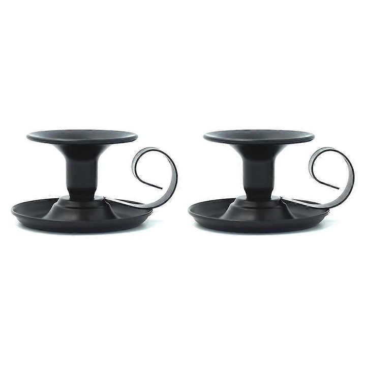 Set 2 bucati, Suporturi pentru lumanare (sfesnice) din metal, finisaj mat, cu maner pentru transport, anti-rugina, Negru