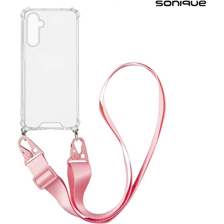 Sonique, husa/carcasa din silicon cu spate acrilic, antishock cu colturi intarite, cu strap reglabil Armor Clear, roz, pentru Samsung Galaxy A16 4G/5G