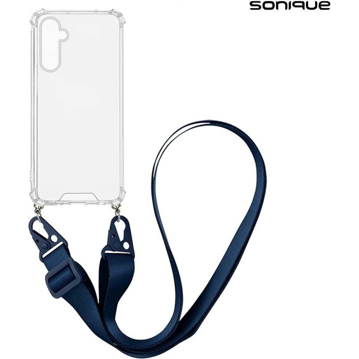Sonique, Husa telefon din silicon cu strap reglabil, Antishock cu colturi intarite, Spate acrilic Armor Clear, Transparent/bleumarin, Compatibil Samsung Galaxy A16 4G/5G