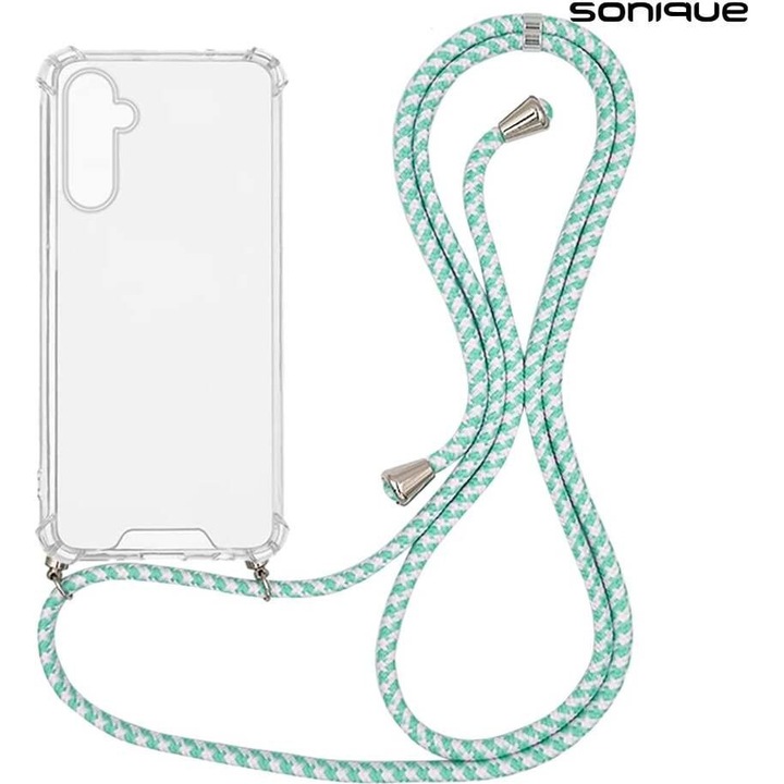 Husa / carcasa Sonique Armor Clear pentru Samsung Galaxy A16 4G/5G, antisoc, spate acrilic si laterale TPU, cu snur Rainbow, transparent/verde menta