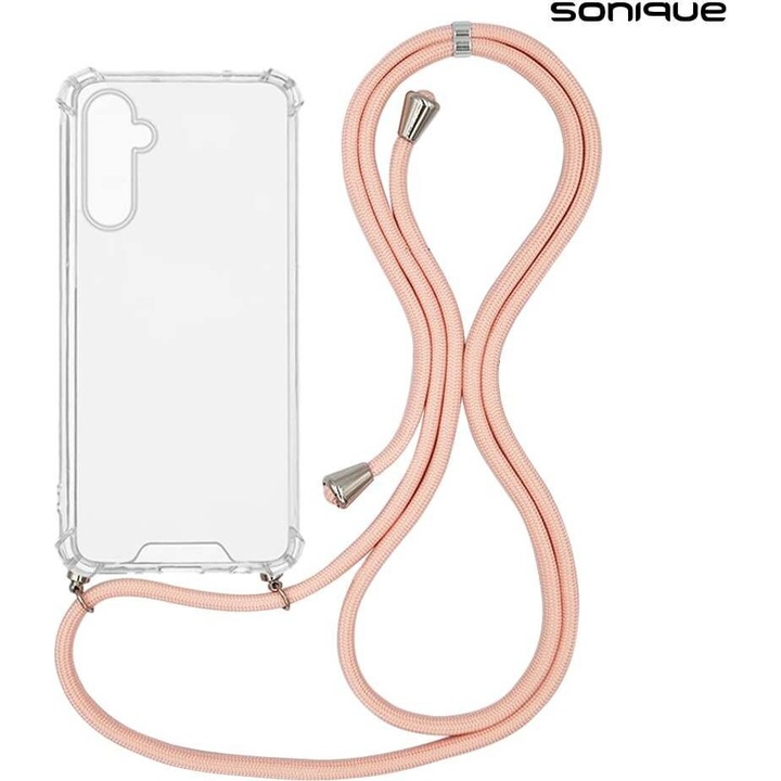 Husa/Carcasa din silicon Sonique Armor Clear pentru Samsung Galaxy A16 4G/5G, cu snur, protectie antisoc, spate acrilic si margini TPU, Transparent/Roz