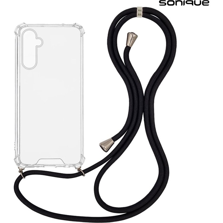 Husa din silicon Sonique Armor Clear, cu snur, antishock, spate acrilic rigid, transparent/negru, compatibila cu Samsung Galaxy A16 4G/5G