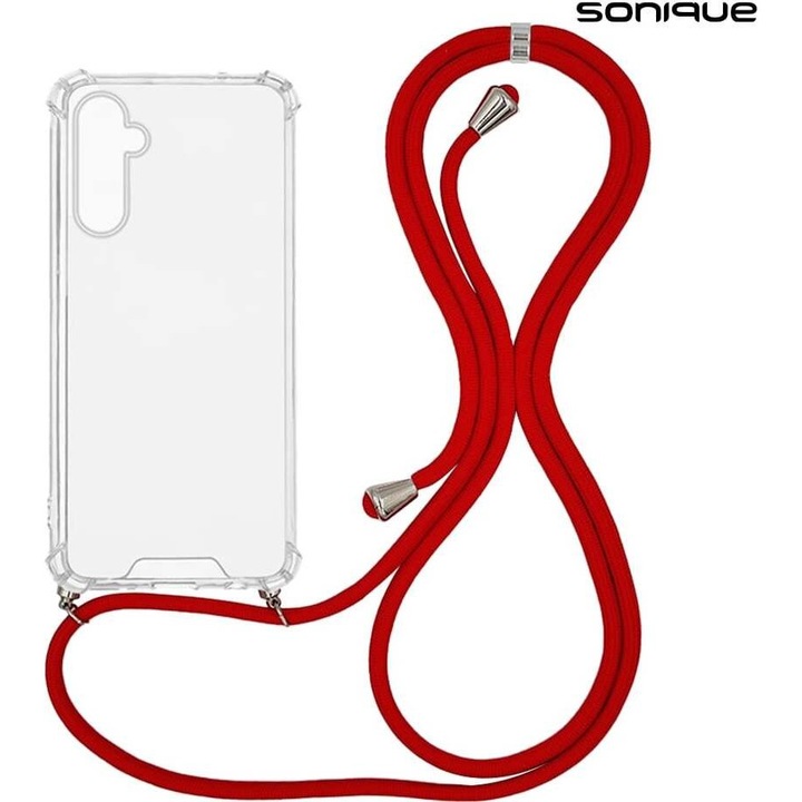 Sonique, husa telefon (carcasa) din silicon antishock cu snur Armor Clear, compatibila cu Samsung Galaxy A16 4G/5G, transparent/rosu