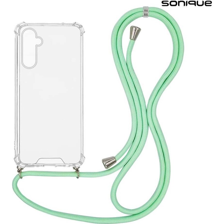 Sonique, Husa din TPU si acrilic cu snur, antishock Armor Clear, transparent/verde menta, pentru Samsung Galaxy A16 4G/5G