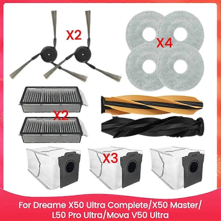 Комплект резервни части за робот прахосмукачка, съвместим с Dreame X50 Ultra/X50 Master/L50 Pro Ultra/Mova V50 Ultra, от пластмаса, въртяща се четка 1 комплект, странични четки 2 бр., HEPA филтри 2 бр., торбички за прах 3 бр., мопове 4 бр., Многоцветен