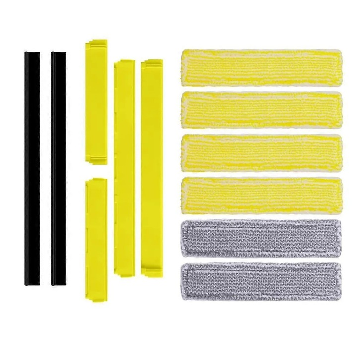 Set accesorii aspirator geamuri compatibil Karcher WV2/WV5/WV6/WV7, 6 huse din microfibra, lame din cauciuc 280 mm/170 mm, Multicolor, 1 set