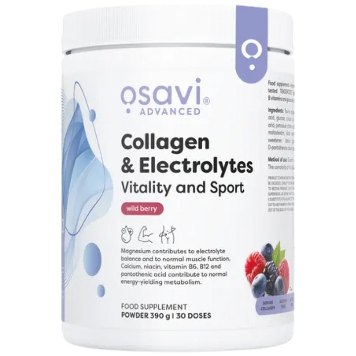 Хранителна добавка Osavi Collagen and Electrolytes Vitality and Sport, Горски плодове, 390 грама