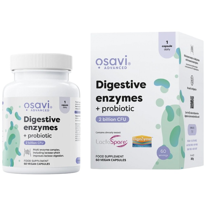 Хранителна добавка Osavi Digestive Enzymes plus Probiotic Digezyme plus LactoSpore, 60 капсули