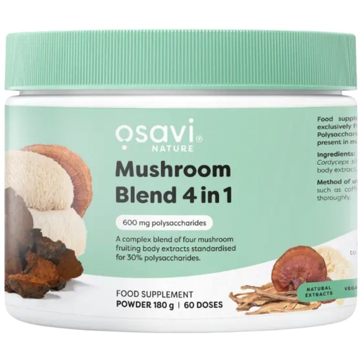 Хранителна добавка Osavi Mushroom Blend 4 in 1 Lions Mane, Cordyceps, Reishi and Chaga, Натурален, 180 грама