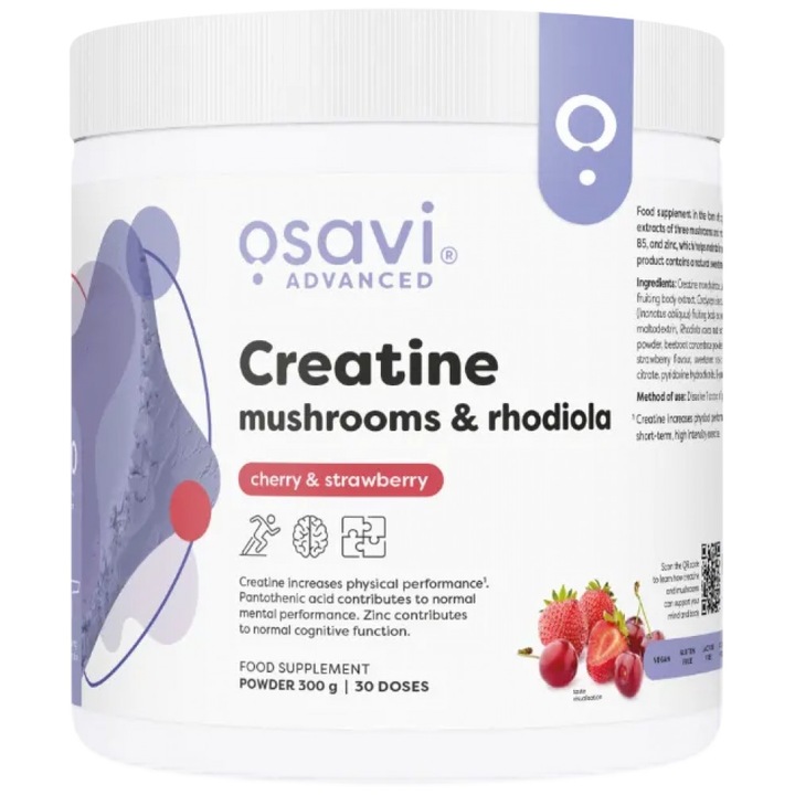 Хранителна добавка Osavi Creatine Monohydrate, Mushrooms and Rhodiola with Lions Mane, Cordyceps, Chaga, Ягода с череша, 300 грама