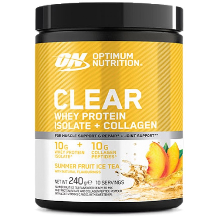 Хранителна добавка Optimum Nutrition Clear Whey Protein Isolate plus Collagen, Summer Fruit Ice Tea, 240 грама