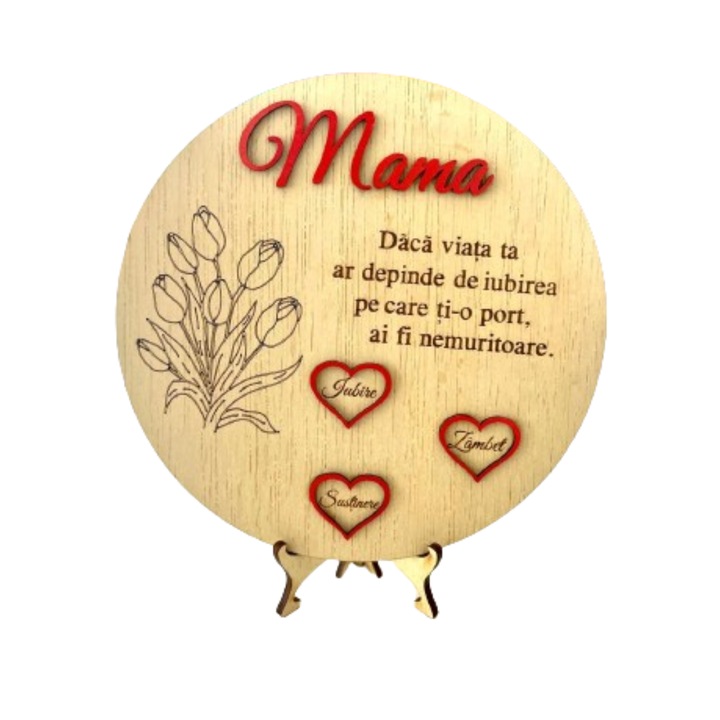 Placheta cadou pentru Mama ArtemisGift, mesaj gravat laser, lemn natur, 16 cm