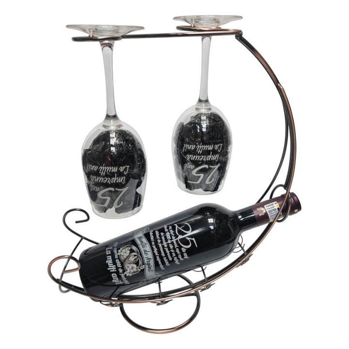 Set cadou, gift shop, suport din metal cu sticla vin rosu cabernet sauvignon demisec, 750ml, 13.5% alcool cu 2 pahare personalizate cu mesaj 25 de ani aniversare