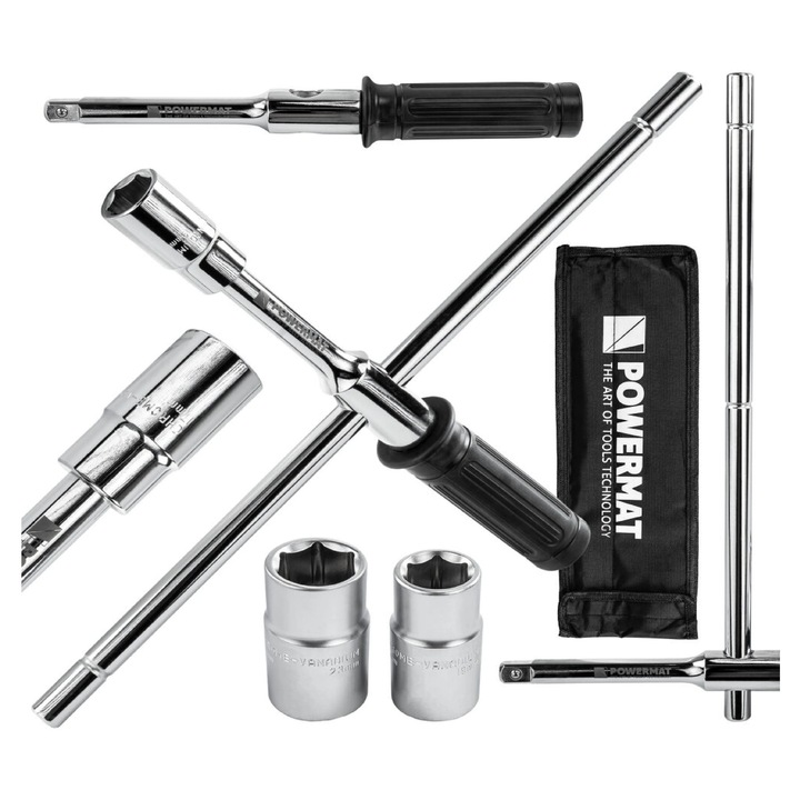 Cheie pliabila in cruce pentru roti PM-KLDK-400T, 1/2", chei tubulare incluse, Powermat PM1619