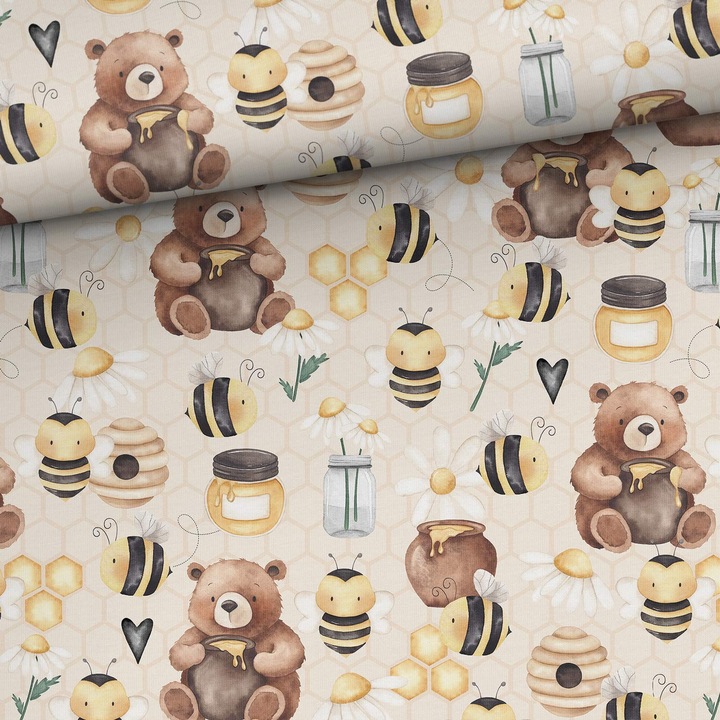 Material textil, Tricot french terry, Tricot trening imprimat Ursuletul si albinele, bumbac 95%, elastan 5%