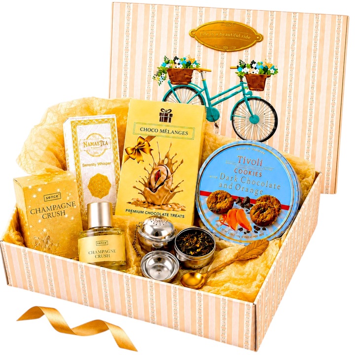 Set cadou pentru ea Cadouri Rafinate® Whisper, cu parfum Champagne Crush, ceai NamasTea, dulciuri fine, infuzor si lingurita aurie, cutie premium, pentru zi de nastere, 8 Martie, Craciun, Secret Santa, cadou corporate
