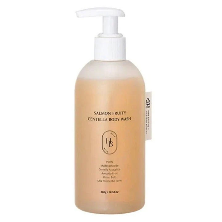 Gel de duș HEVEBLUE cu extract de ADN de somon și Centella Asiatica, textura spumoasă, parfum fructat, 250ml