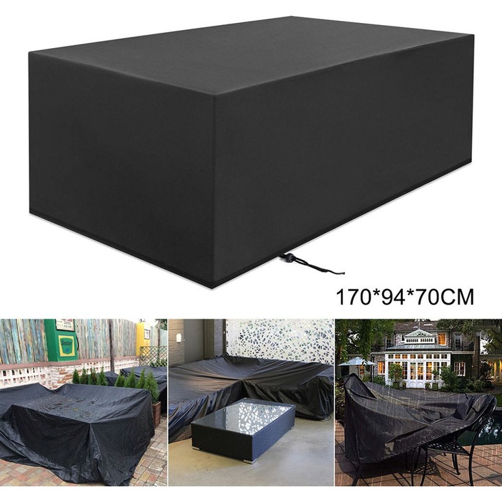 Husa pentru mobilier de gradina, prelata impermeabila pentru canapea si scaune, 210D Oxford, strat poliuretanic impermeabil, rezistent la raze UV si cu 4 puncte de fixare, Negru, 170 x 94 x 70 cm