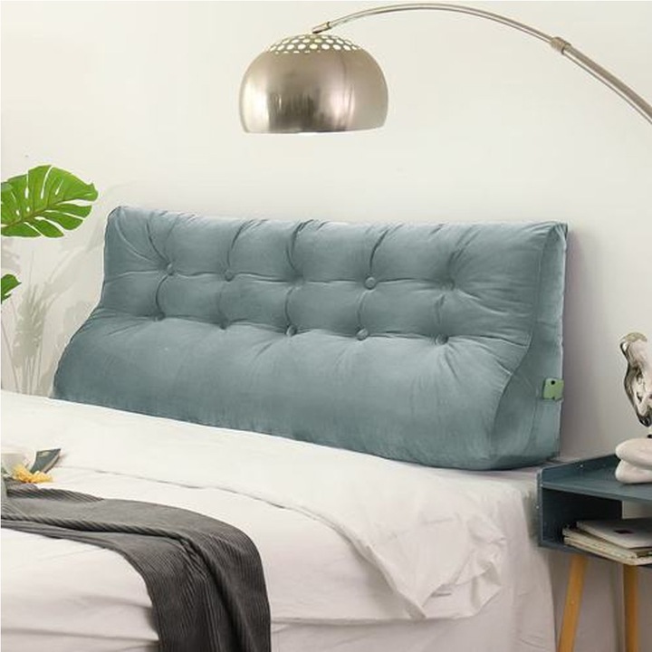 Pillow Palette Velvet háromszög alakú támasztópárna, bársony, steppelt, oldalsó zsebekkel és poliészter szálas töltettel, szürke, 160 cm
