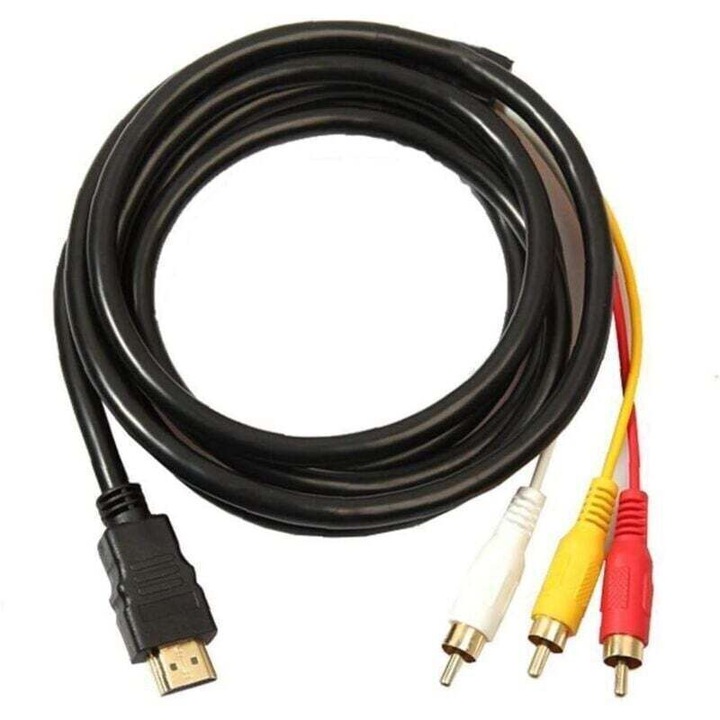 HDMI-RCA kábel, egyirányú adapter, 24K aranyozott csatlakozók, 480i/480p/720p/1080i/1080p támogatás, Fekete, 1,5 m