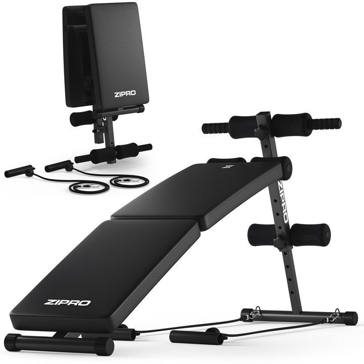 Állítható pad, Zipro Sixbox, maximális súly 110 kg, összecsukható, állítható ülés, 2 fitnesz gumiszalaggal, Fekete