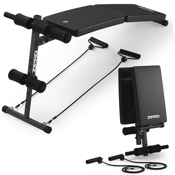 Állítható pad, Zipro Sixbox, maximális súly 110 kg, összecsukható, állítható ülés, 2 fitnesz gumiszalaggal, Fekete