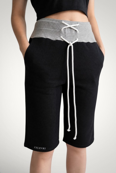 Pantaloni scurti 3/4 de dama, din bumbac premium, cu snur incrucisat in talie, Negru, Marimea L