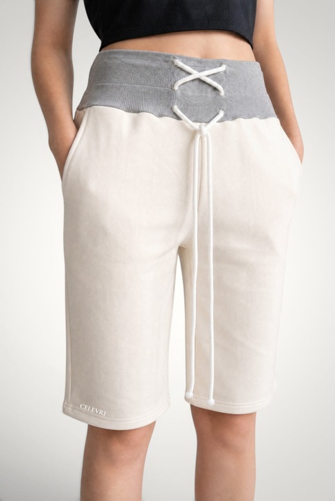 Pantaloni scurti 3/4 de dama, din bumbac premium, cu snur incrucisat in talie, Alb, Marimea L