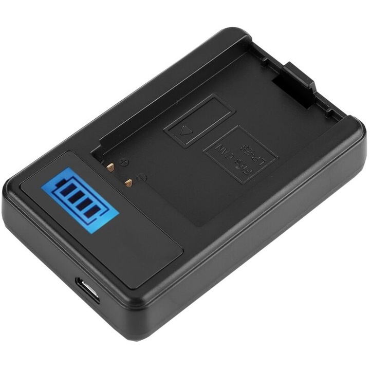 Set baterie LP-E8 (acumulator) si incarcator LCD compatibil Canon EOS 550D/600D/700D, cu intrare micro USB si indicator LED, negru, 1 set