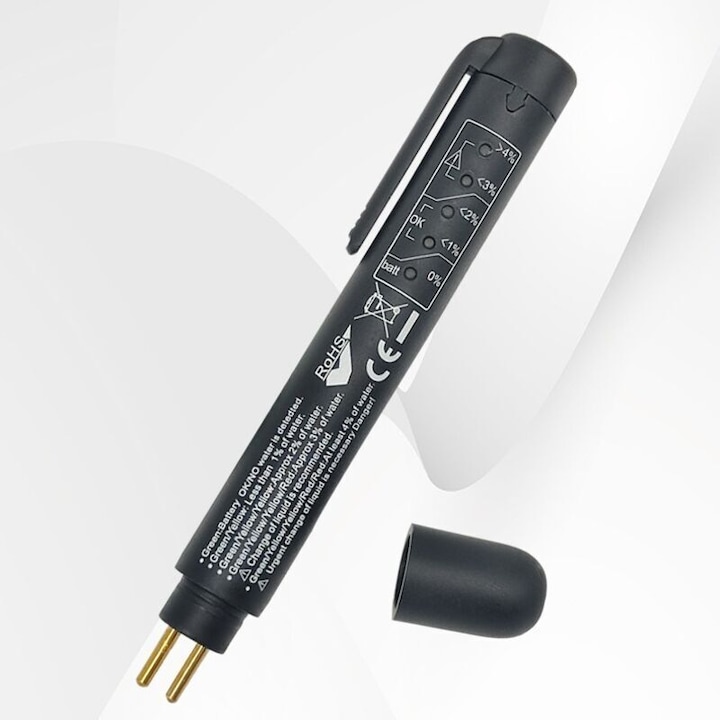 Tester lichid de frana universal, detector umiditate pentru DOT3/DOT4/DOT5, portabil cu 5 indicatori LED 0-4% umiditate, cu oprire automata, negru, 1 buc