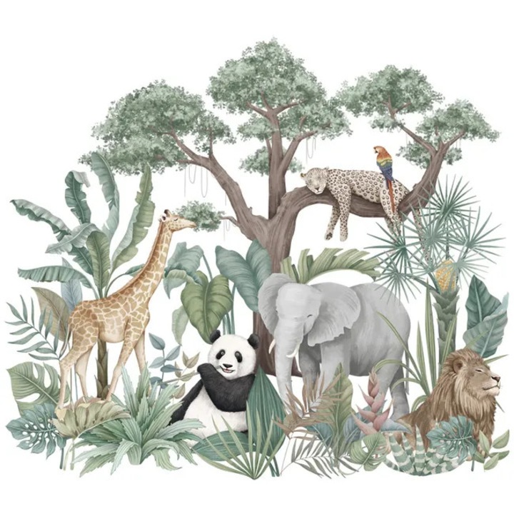 Autocolante murale (stickere perete) Animale din jungla, desen animat, PVC autoadeziv, impermeabil, detasabil, Multicolor, Set 2 foi 11,8 x 35,4 cm